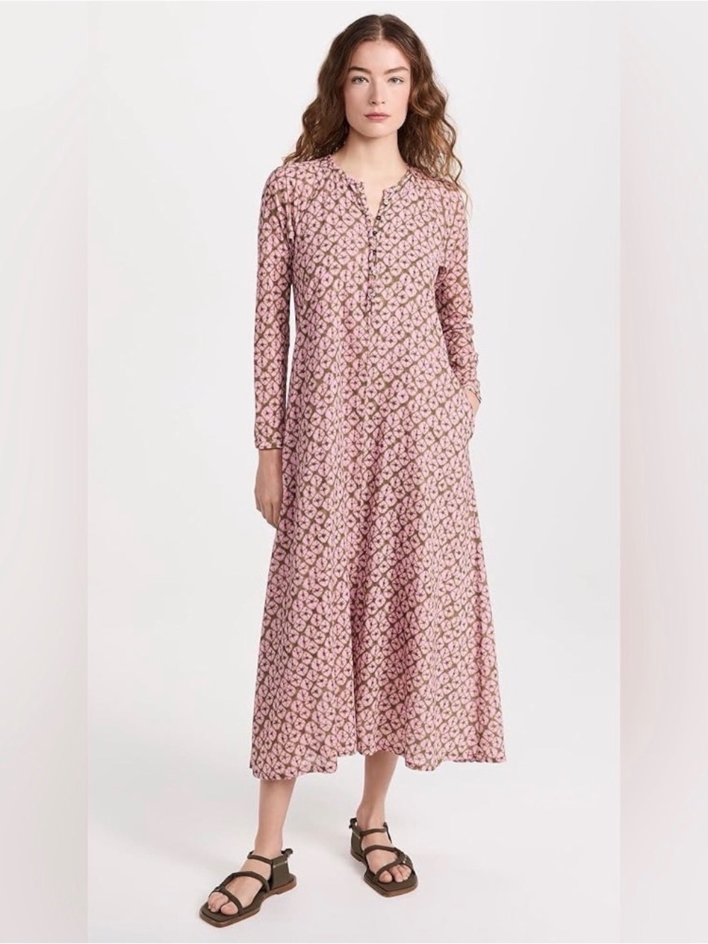 Xirena Tabitha Dress Pink Olive Print Cotton Midi Long Sleeve Pockets Medium